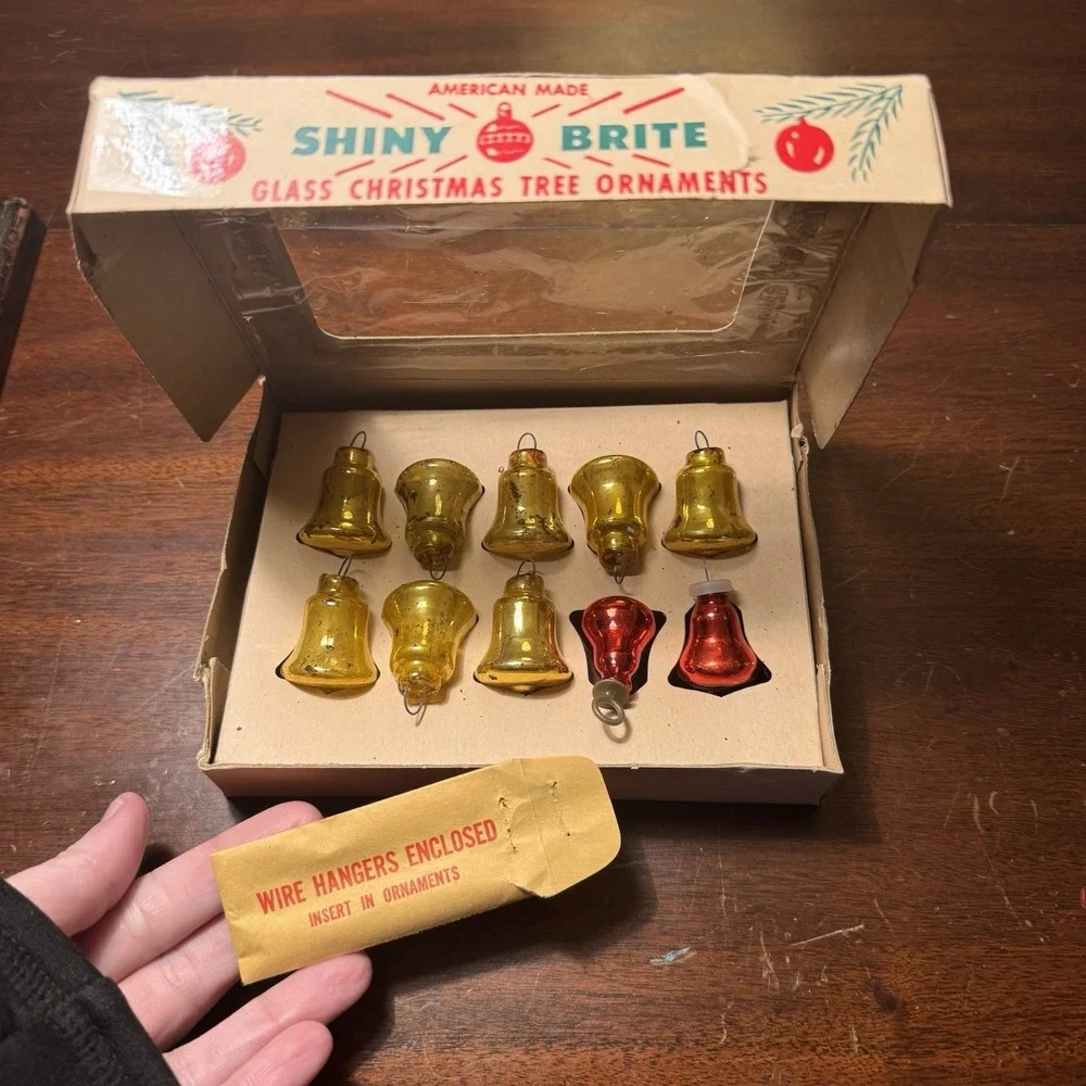 Vintage Shiny Brite Glass Tree Ornaments Bells ~ 8 Gold, 2 Red ~ 2 Wire Hangers